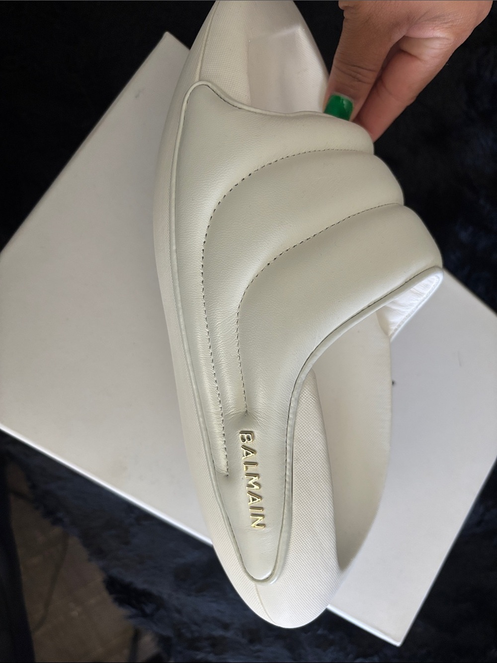 Balmain White Quilted Leather Slip-On Mule with Gold Logo